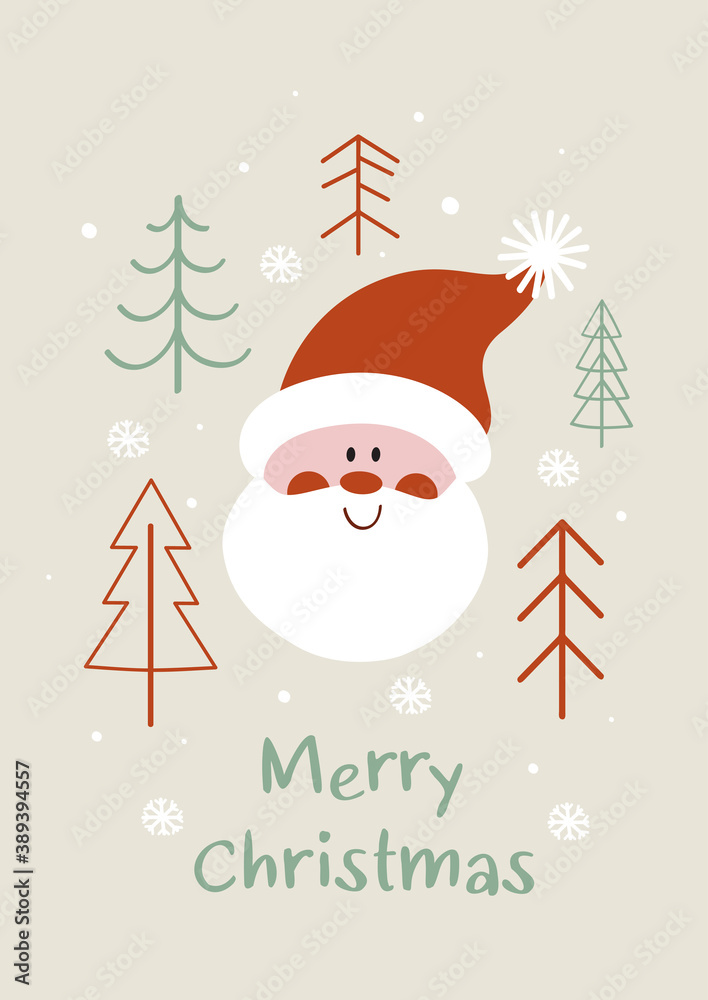 Greeting card with face Santa Claus and Christmas trees Greeting card with face Santa Claus and Christmas trees
