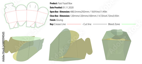 Fast food tapered box packaging design template gluing crash lock die cut - vector