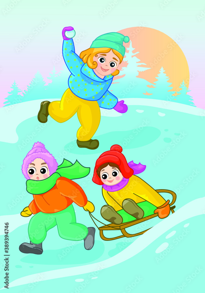 Naklejka premium children play winter games on a frosty morning. sunny day. guys and girls play snowballs and sledge