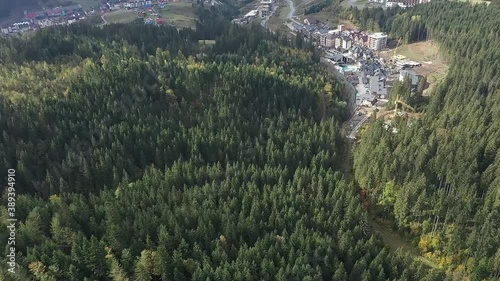 Mixed forest. Deciduous yellowed and coniferous green trees cover the mountains. The wind moves the crowns of trees photo