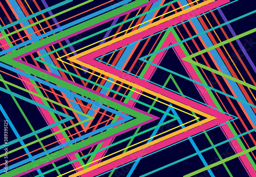 Vivid, vibrant zig-zag, criss-cross, serrated, crinkled angular grid, mesh, lattice or grating, grill of random angled lines. Abstract geometric colorful, multi-color background, texture and pattern