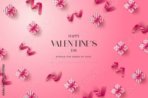 valentines day background with scattered gift boxes with pink ribbons.