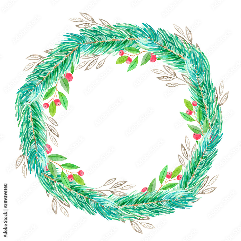 Watercolor Christmas wreath with fir branches and gold elements, cones and lollipops, Christmas decor, flowers, perfect for postcards, posters, stickers, covers. Watercolor Christmas wreath with fir branches and gold elements, cones and lollipops, Christmas decor, flowers, perfect for postcards, posters, stickers, covers.