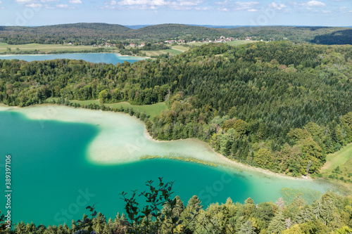 Top view of the 4 lakes of the Frasnois village, Jura