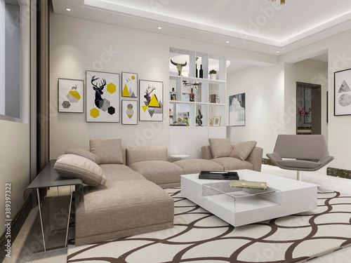 There are cloth sofa and table in the clean living room