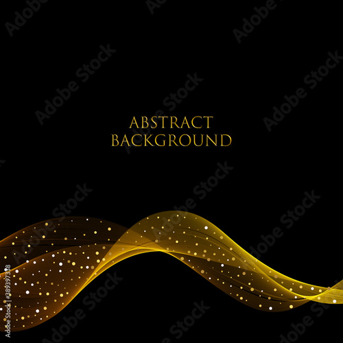 Light effect with glowing golden wavy lines and sparkles on black background. eps 10