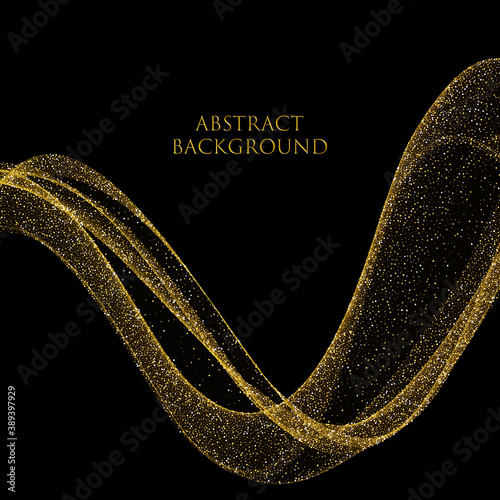 Light effect with glowing golden wavy lines and sparkles on black background. eps 10