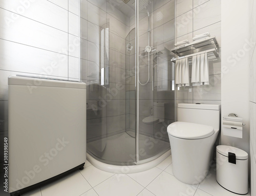 Clean and tidy bathroom, there are washstand, shower, toilet, bathtub and so on