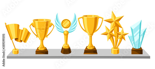 Awards and trophy on shelf.