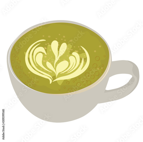 Matcha latte vector stock illustration. Green Japanese tea in a mug. Refreshing drink in a white coffee Cup. Isolated on a white background.
