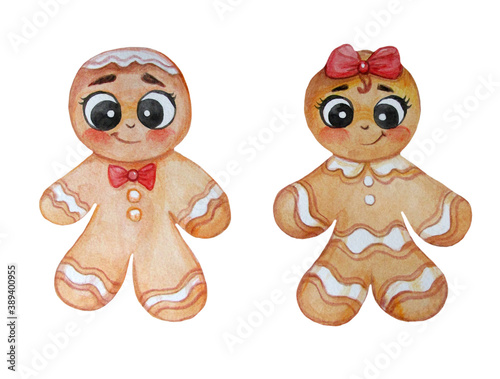 Christmas characters. Cute couple gingery of gingerbread men - boy and girl. Watercolor. Isolated on white background. Hand drawing. High quality illustration