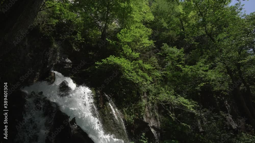 Big waterfall in the forest. A powerful stream of water breaks through the stones. Fallen trees. Element. Nature concept. Big waterfall in the forest. A powerful stream of water breaks through the stones. Fallen trees. Element. Nature concept.