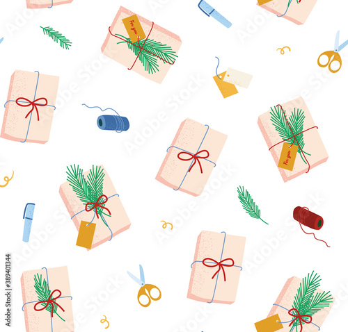 Seamless pattern with gift boxes, spruce twigs, scissors, pen and skein of thread. Cozy vector textured illustration.