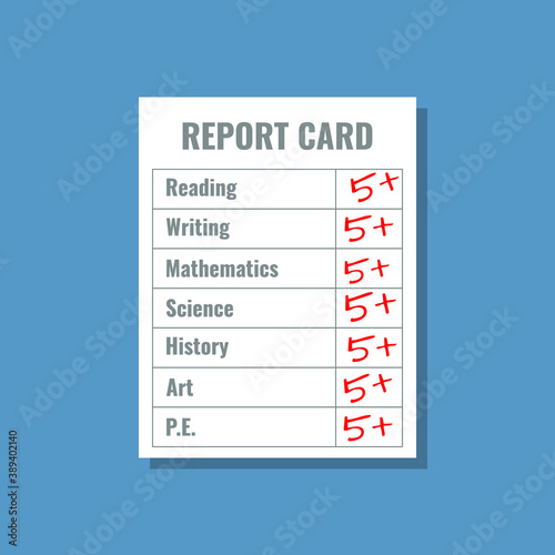 school report card with 5 plus grades, flat design vector illustration