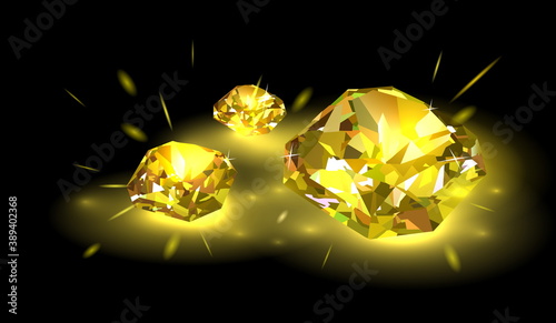 Three beautiful bright yellow diamonds on a black background. Vector illustration.