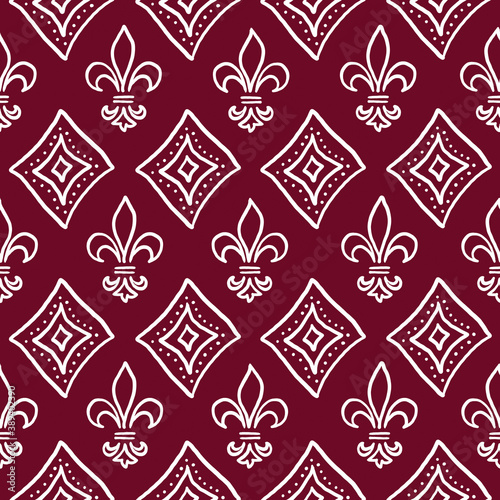 Seamless pattern. Doodle. Royal lily and rhombuses on a dark red background.