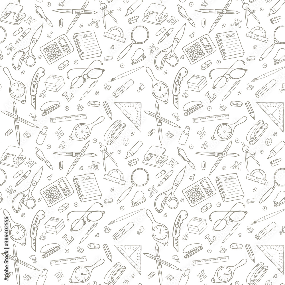 Vector seamless pattern with different kinds of school items. Vector seamless pattern with different kinds of school items.