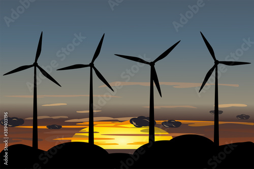 Wind farm. Wind turbines at night. Green energy. Vector illustration.