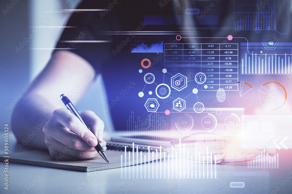 Multi exposure of woman's writing hand on background with data technology hud. Concept of innovation. Multi exposure of woman's writing hand on background with data technology hud. Concept of innovation.