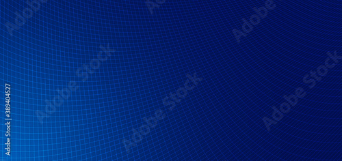 Abstract blue lines grid mesh pattern perspective curved pattern on dark blue background.