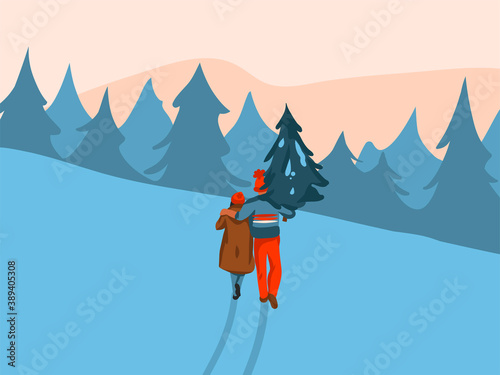 Hand drawn vector abstract fun stock flat Merry Christmas,and Happy New Year cartoon card with illustrations of Xmas couple together bought and carry home xmas tree isolated on landscape background