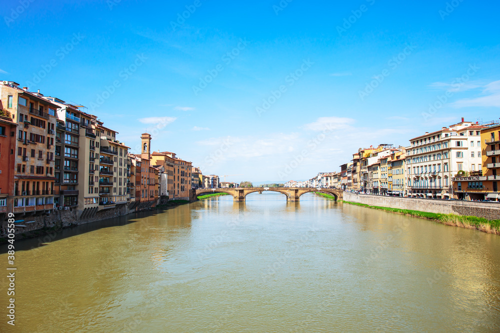 View of Arno river with St. Trinity Bridge in Florence, Italy