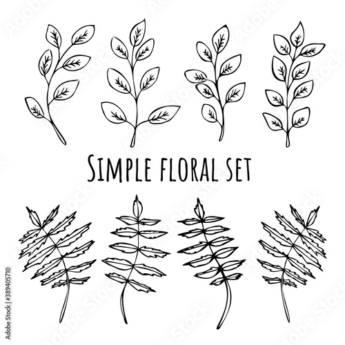 Set of ornamental leaves in black and white. Hand drawn vector illustrations on white background.