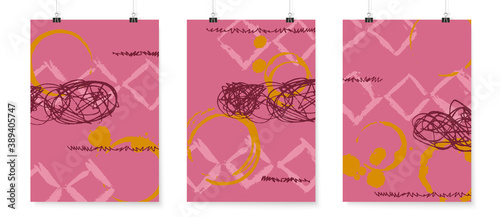 Abstract backgrounds set. Grunge poster backdrops. Posters on binder clips. Quirky doodles. Geometric shapes wallpapers. Bright retro colors design.