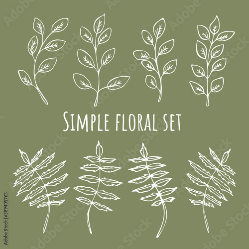 Set of ornamental leaves. Hand drawn vector illustrations on green background.