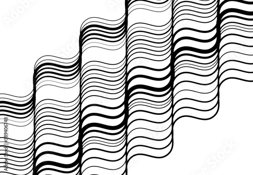 Wavy, waving and undulating, billowy diagonal, skew, tilt and oblique lines, stripes abstract black and white, monochrome design element, background, pattern and texture