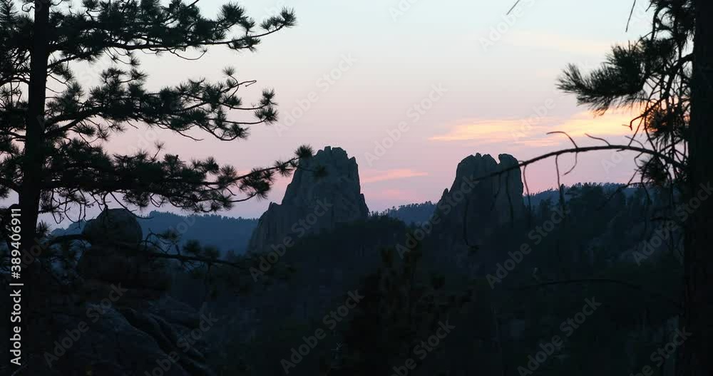 Sunset evening Custer South Dakota rock towers pines 4K. Black Hills of