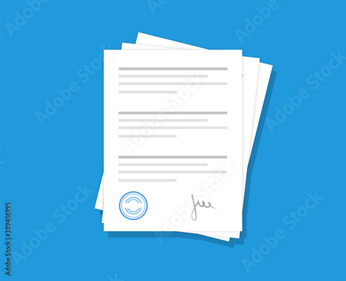 Documents with stamp and text. Contract and agreements with signature. Stack of business papers.