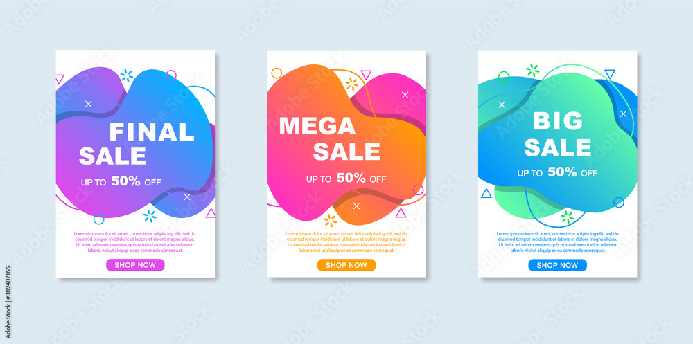 Set of abstract banners for mega sale. Liquid banners. Dynamical elements in memphis style. Template for flyer, poster, brochure, presentation and background. Web template.