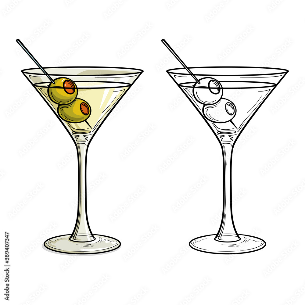 Martini with olive in glass, isolated, in color. Vector illustration. - obrazy, fototapety, plakaty 