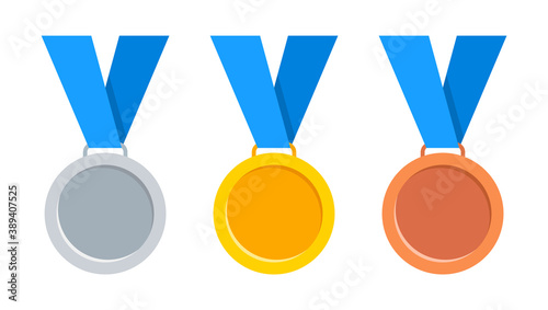 Medals set. Gold, silver and bronze medal with blue ribbon. Champion award. Vectorи