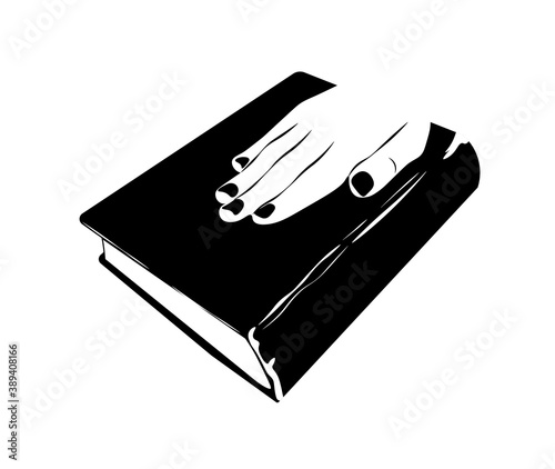 Oath on the Bible vector stock illustration. Presidential inauguration. Banner for elections. The oath is based on the Constitution. Hand on a book close-up. Legal logo for the courtroom. Vintag