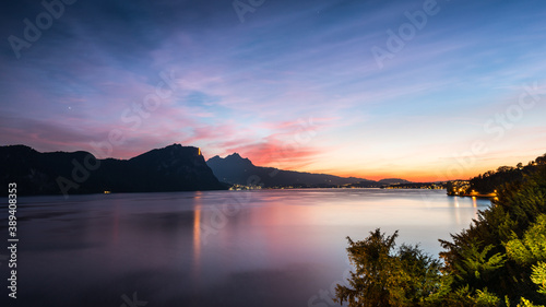 A magnificent sunset over Lake Lucerne. City lights. Top of Mount Pilatus. Switzerland. © patma145