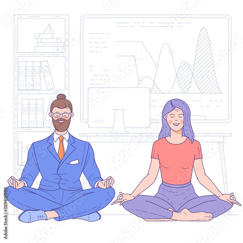 Young man and woman doing yoga on floor in office in lotus posture with closed eyes. to calm down the stressful emotion from hard work. Concept of meditation. Flat design vector concept.