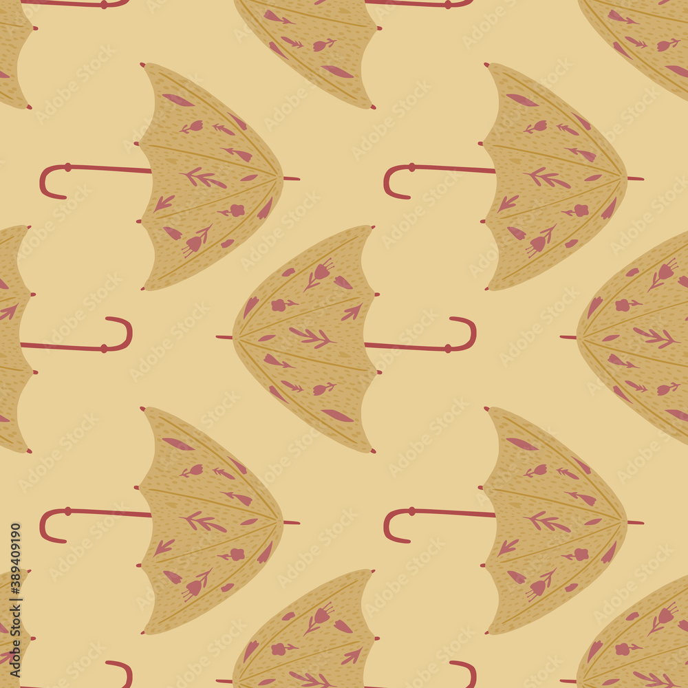 Fall umbrella silhouettes seamless pattern with folk ornament. Beige accessory shapes on pastel background.