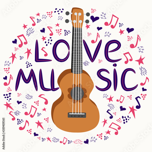 Cartoon ukulele with lettering text for summer  music poster template design.
