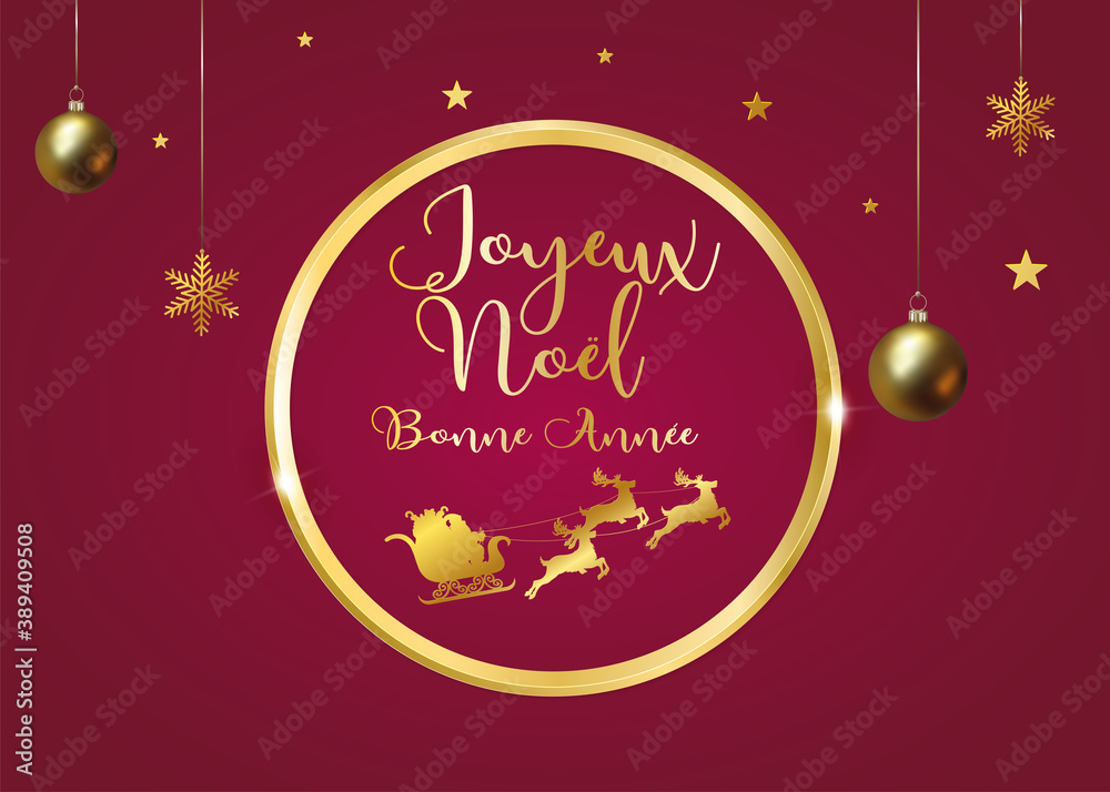 carte ou bandeau sur un  joyeux noël et une bonne année en or dans un cercle avec le traineau du père Noël et autour des boule de Noël et des flocons sur un fond rouge bordeaux en dégradé