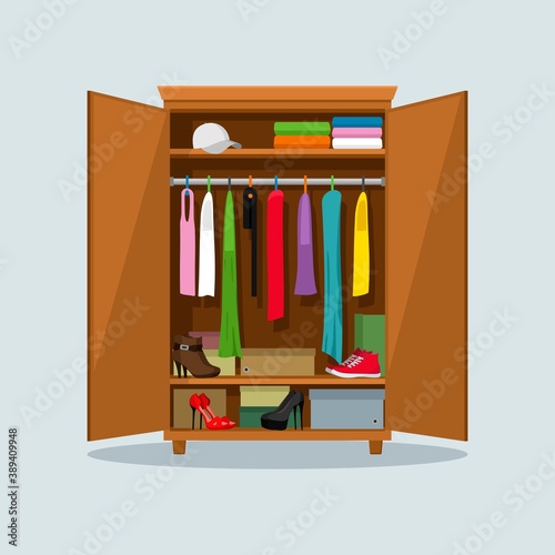 Open wardrobe with clothes. Closet with clothes, dresses, shirts, boxes and shoes. Natural wooden Furniture. Vector illustration