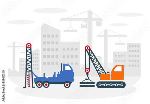 Vector illustration of a construction site with a crane and a drilling machine.