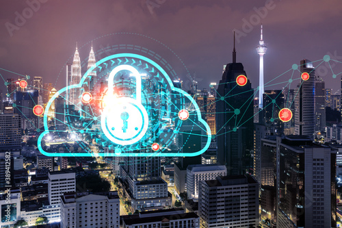 Photography Glowing Padlock hologram, night panoramic city view of Kuala Lumpur, Malaysia, Asia