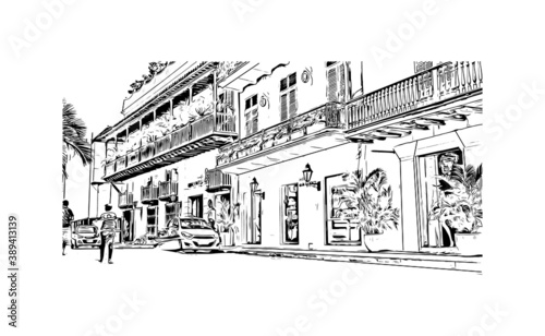 Building view with landmark of Cartagena is a port city on Colombia’s Caribbean coast. Hand drawn sketch illustration in vector.