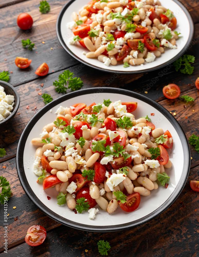 White Bean Salad with Cherry Tomatoes, Feta cheese and parsley. Healthy vegetarian, vegan food