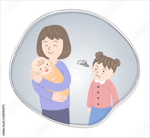Girl who is jealous of her younger sister held by her mum / Illustration of Jealous