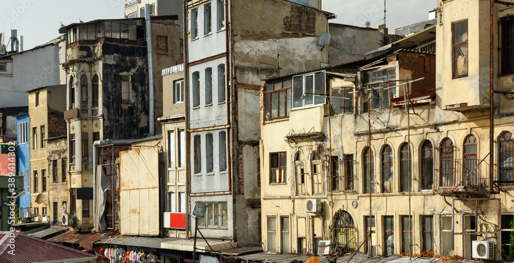 Dilapidated houses in the Karakoy neighborhood. Istanbul, Turkey.