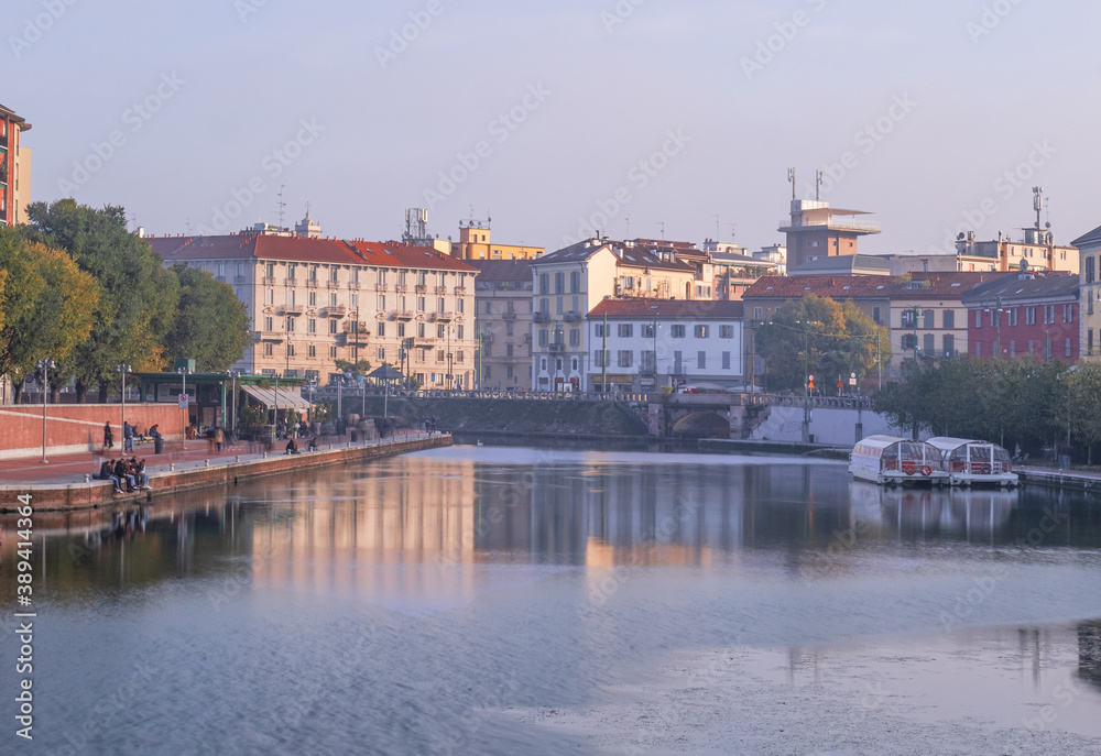 View of Darsena,the wet dock in Navigli Neighborhood.Milan,Lombardy,Italy