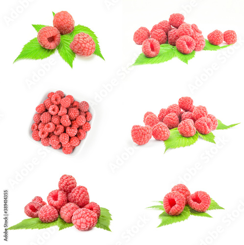 Collage of juicy raspberry on a white background cutout